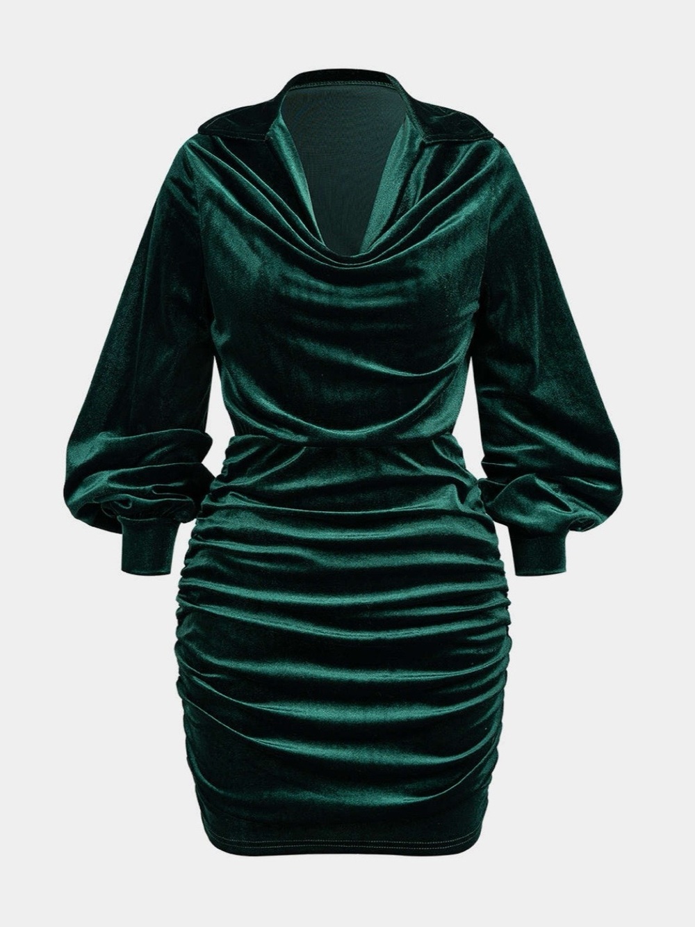 Velvet Cowl-Neck Ruched Long-Sleeve Dress — Emerald Green